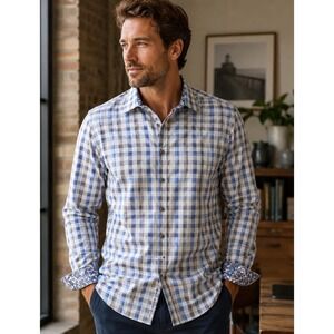 Robert Graham Shirt Men XL Blue Brown Plaid Flip Cuff Button Up Long Sleeve